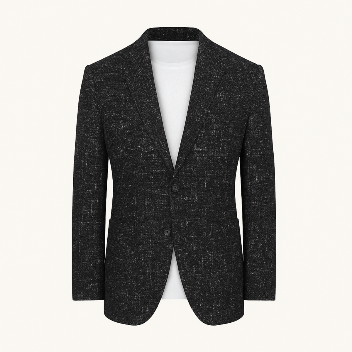 Men's black double-breasted blazer with notched lapels and textured fabric