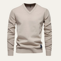 Men's V-neck knit sweater, beige with ribbed cuffs and hem.