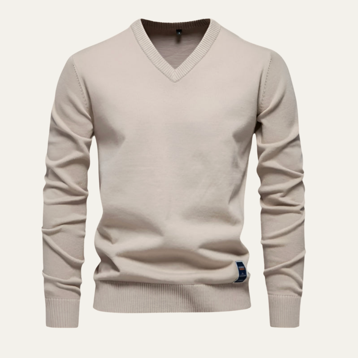 Men's V-neck knit sweater, beige with ribbed cuffs and hem.