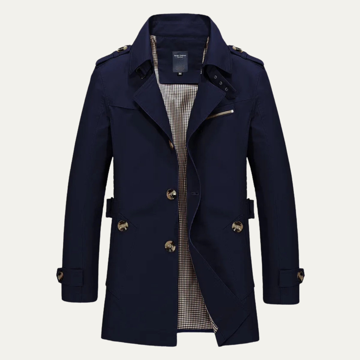 Men's double-breasted waterproof trench coat, dark blue, notched lapels