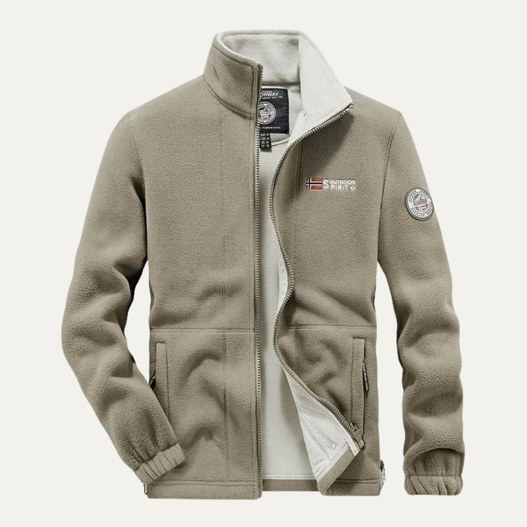 Men's khaki fleece-lined outdoor jacket with full-zip and chest logo patch