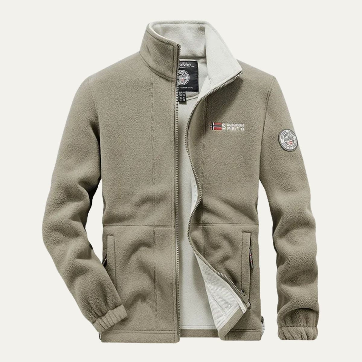 Men's khaki fleece-lined outdoor jacket with full-zip and chest logo patch