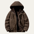 Men's sherpa-lined puffer jacket with hood, zip front, and side pockets, brown