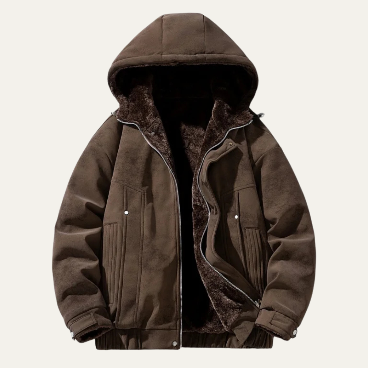 Men's sherpa-lined puffer jacket with hood, zip front, and side pockets, brown