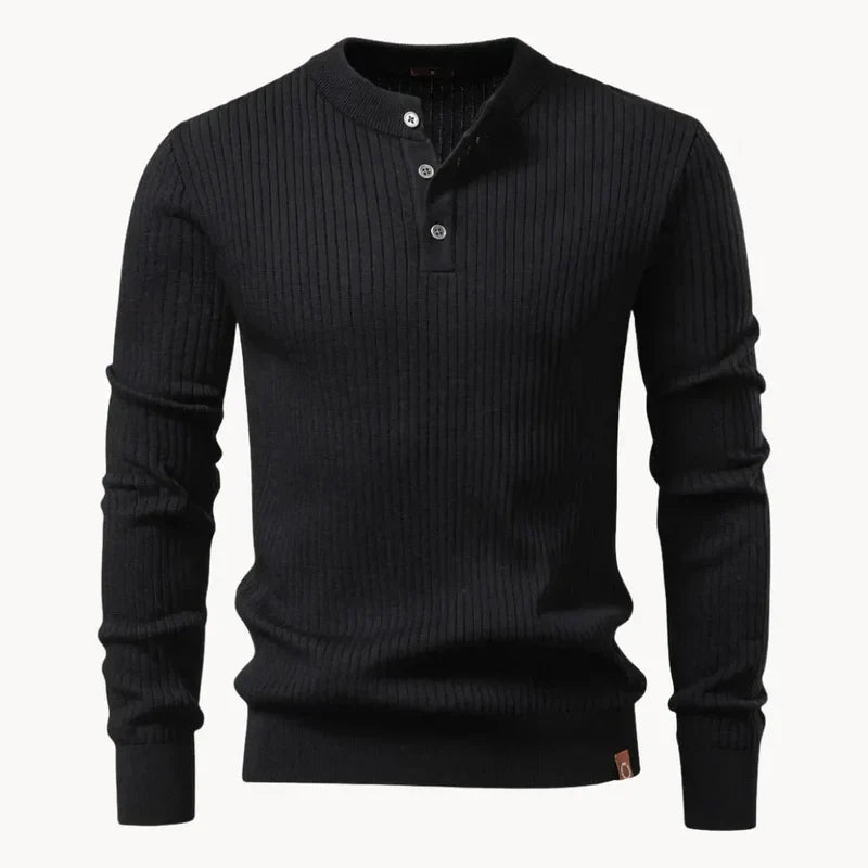 Men's black ribbed henley knit sweater front view with short button placket