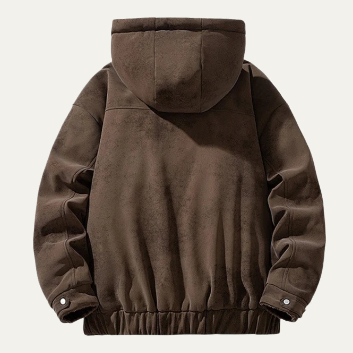 Sherpa-lined puffer jacket back view with hood and elastic hem, brown