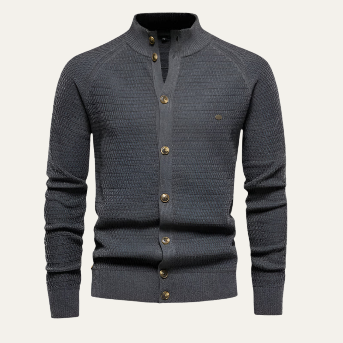 Men's slate gray-blue cardigan with button-front placket and ribbed cuffs and hem.