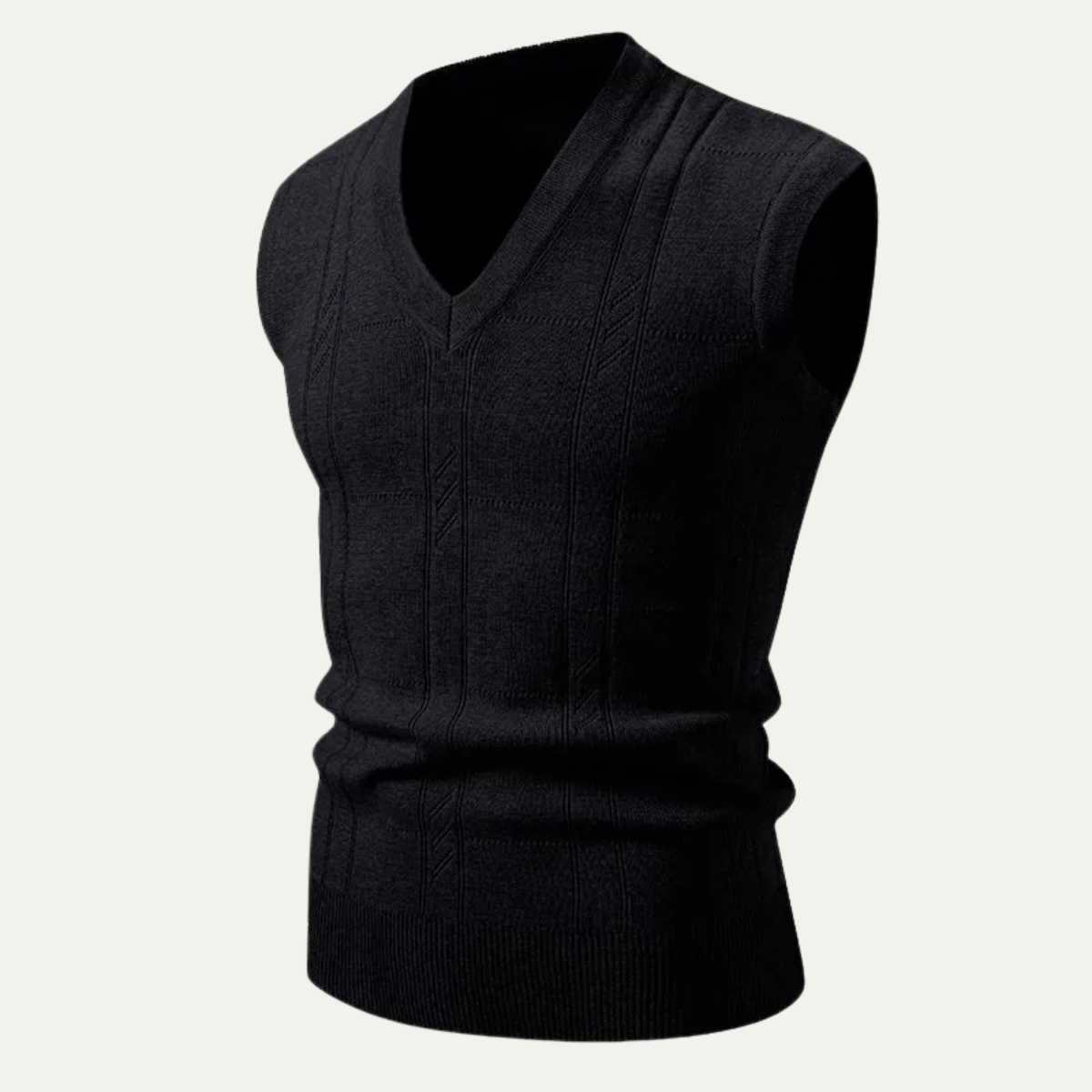 Men's knitted V-neck tank vest, black, sleeveless with ribbed hem and seam texture