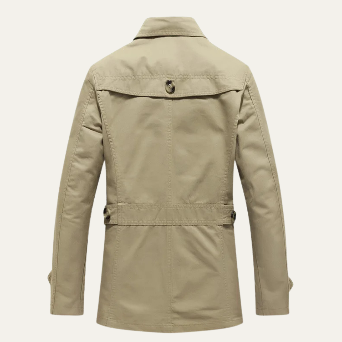 Men's tan trench coat back view with center yoke and buttoned collar