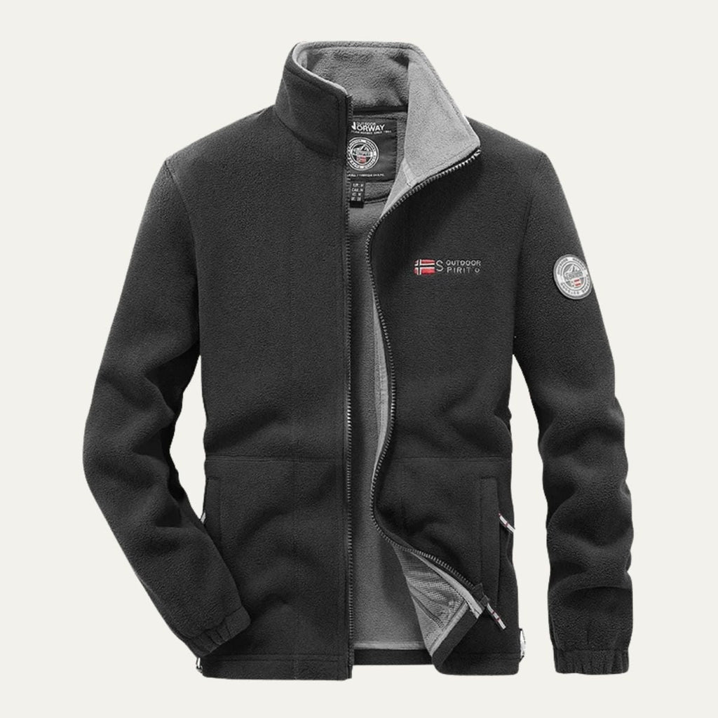 Men's black fleece-lined outdoor jacket with full-zip and stand collar