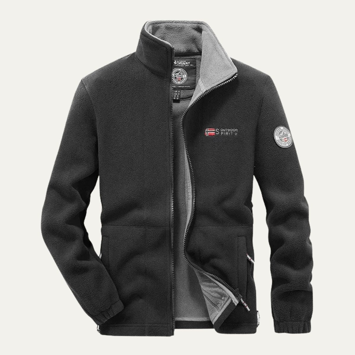 Men's black fleece-lined outdoor jacket with full-zip and stand collar