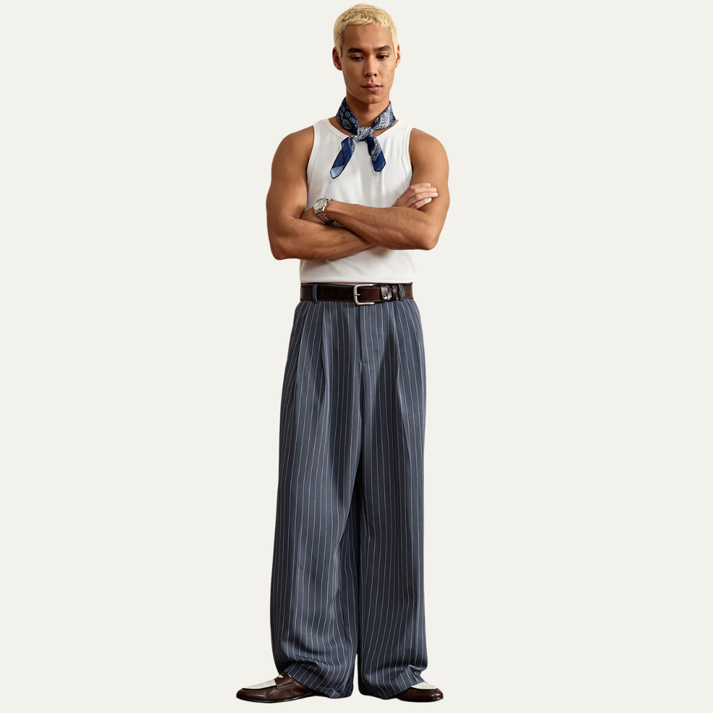 Wide-leg pinstripe dress pants with high-rise waistband and belt loops