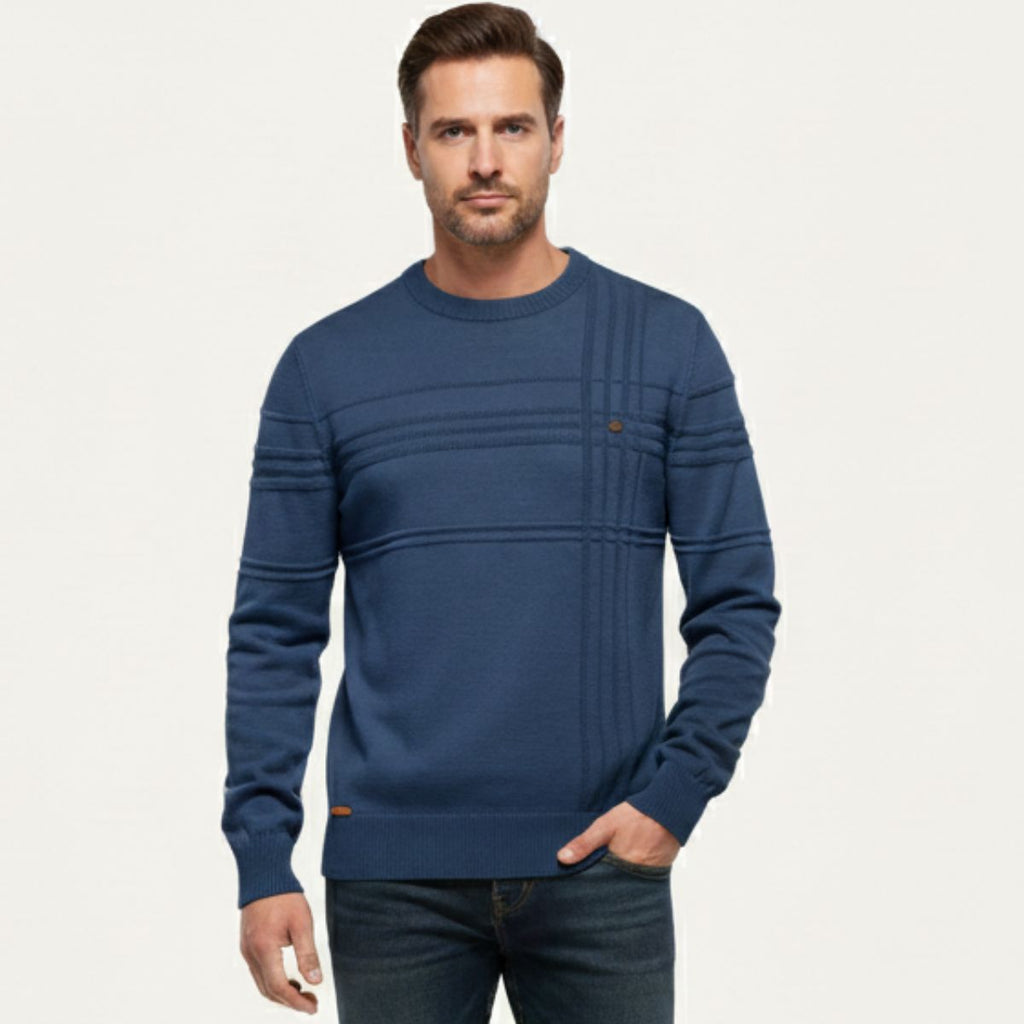 Men's navy blue crew neck sweater on model, ribbed cuffs and horizontal stripe yoke