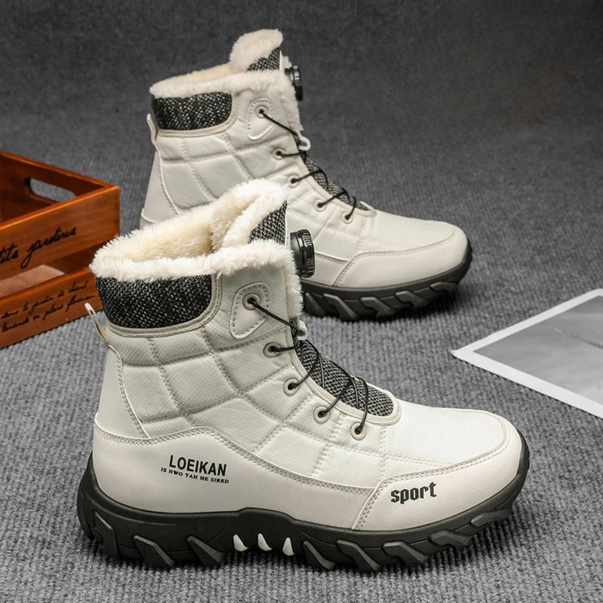 Men's white snow boots with quilted upper, faux-fur cuffs, sport-style sole