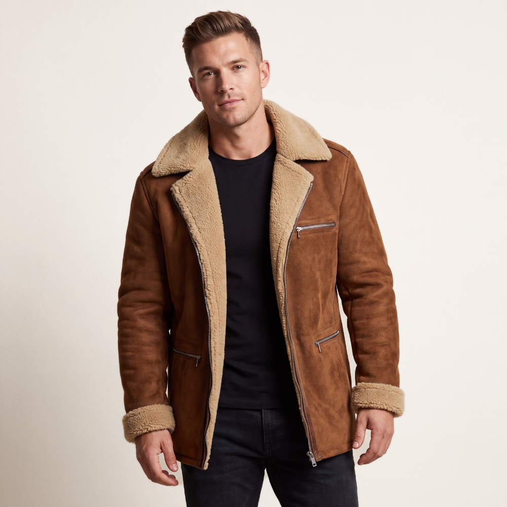 Men's brown suede sherpa-lined zip jacket with tan fleece-trim collar and pockets