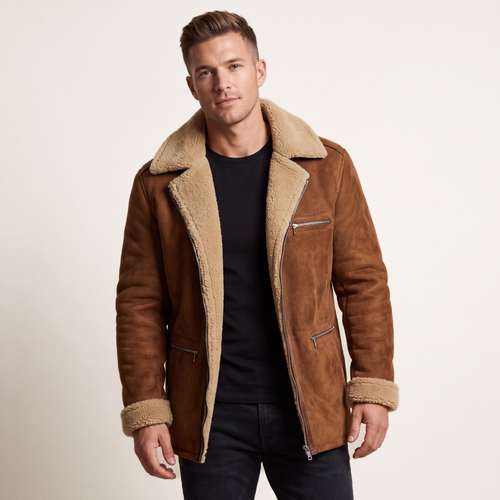 Men's brown suede sherpa-lined zip jacket with tan fleece-trim collar and pockets