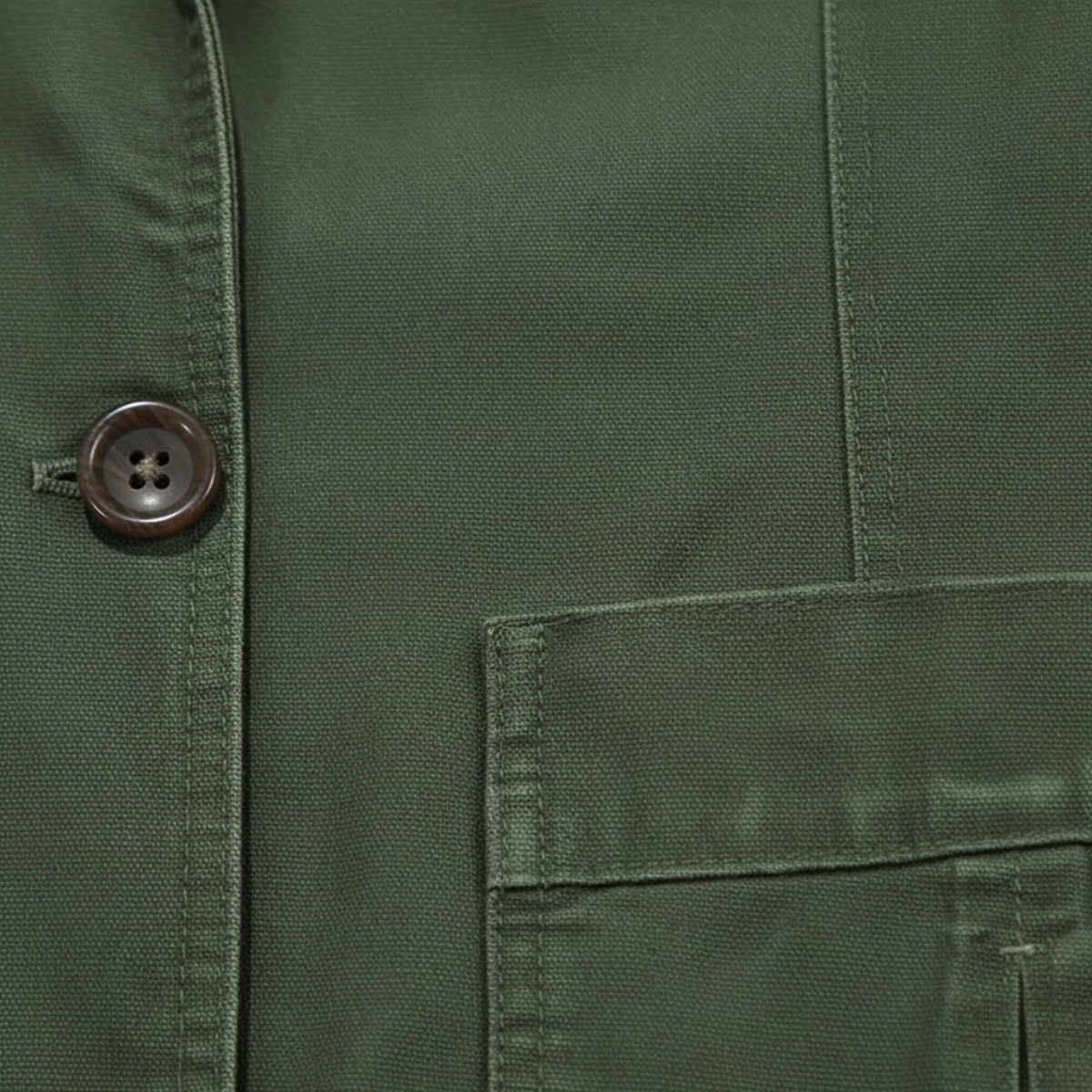 Army green lightweight jacket close-up with round brown button and button placket