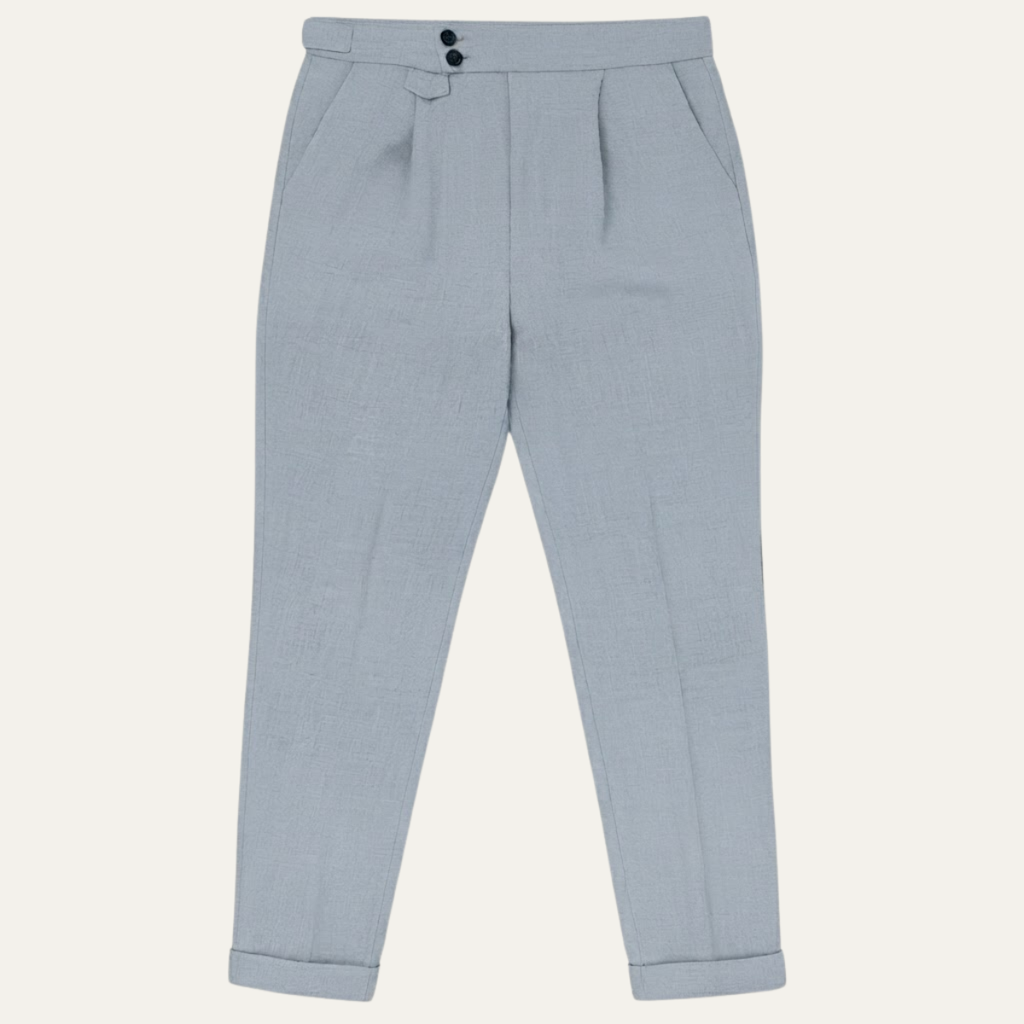 Men's high-waisted pleated dress pants, light blue, front button
