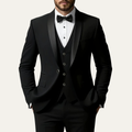 Men's black 3-piece suit set with tuxedo-style blazer and matching vest and trousers