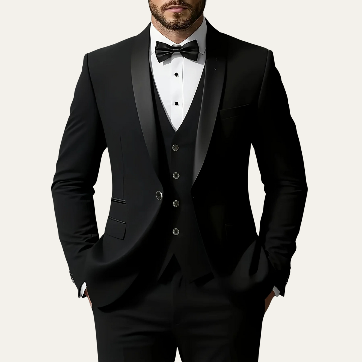 Men's black 3-piece suit set with tuxedo-style blazer and matching vest and trousers