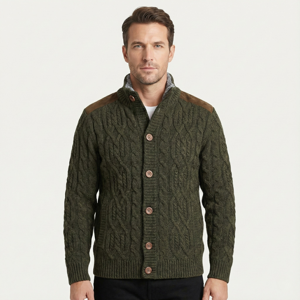 Men's fleece-lined wool cardigan, olive green cable-knit, button front, gray sherpa inner collar