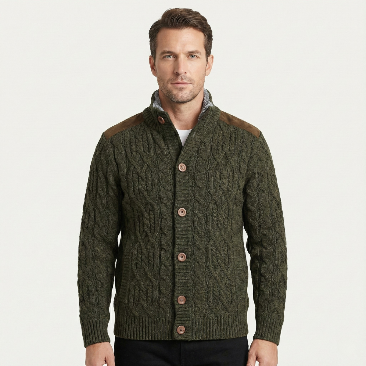 Men's fleece-lined wool cardigan, olive green cable-knit, button front, gray sherpa inner collar
