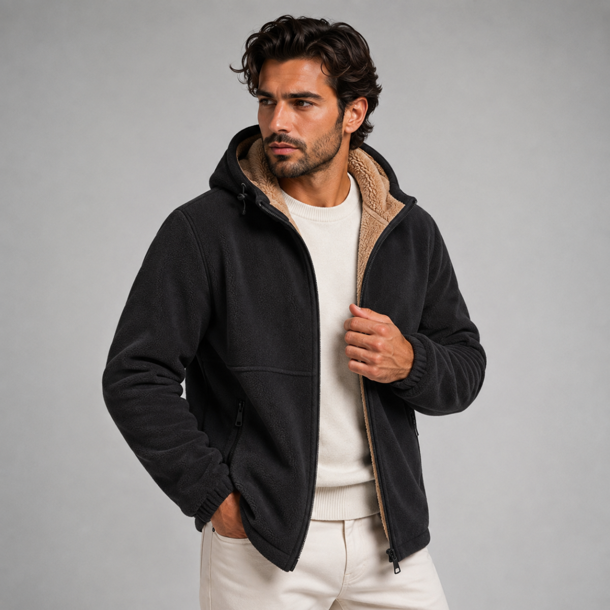 Men’s black zip-up hooded jacket with tan fleece lining and front pockets