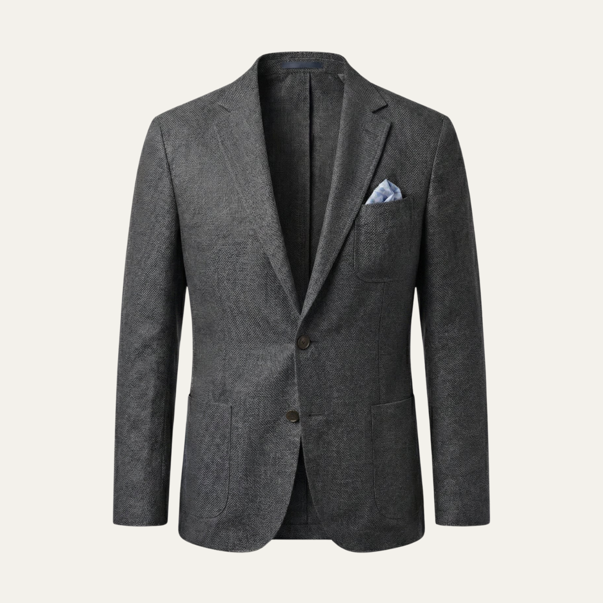 Men's slim fit blazer, textured gray, long sleeves, welt pocket and blue pocket square.