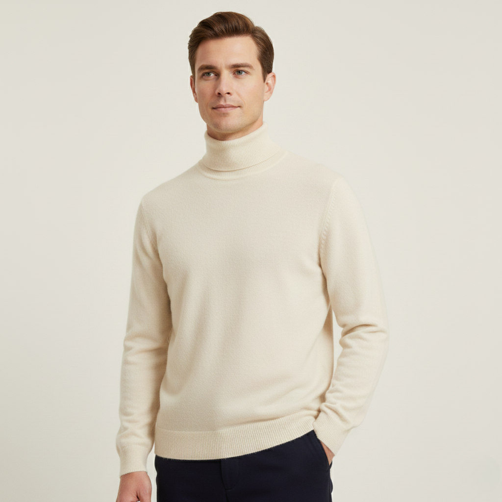 Men's beige turtleneck sweater on model, ribbed knit cuffs and hem, long sleeves