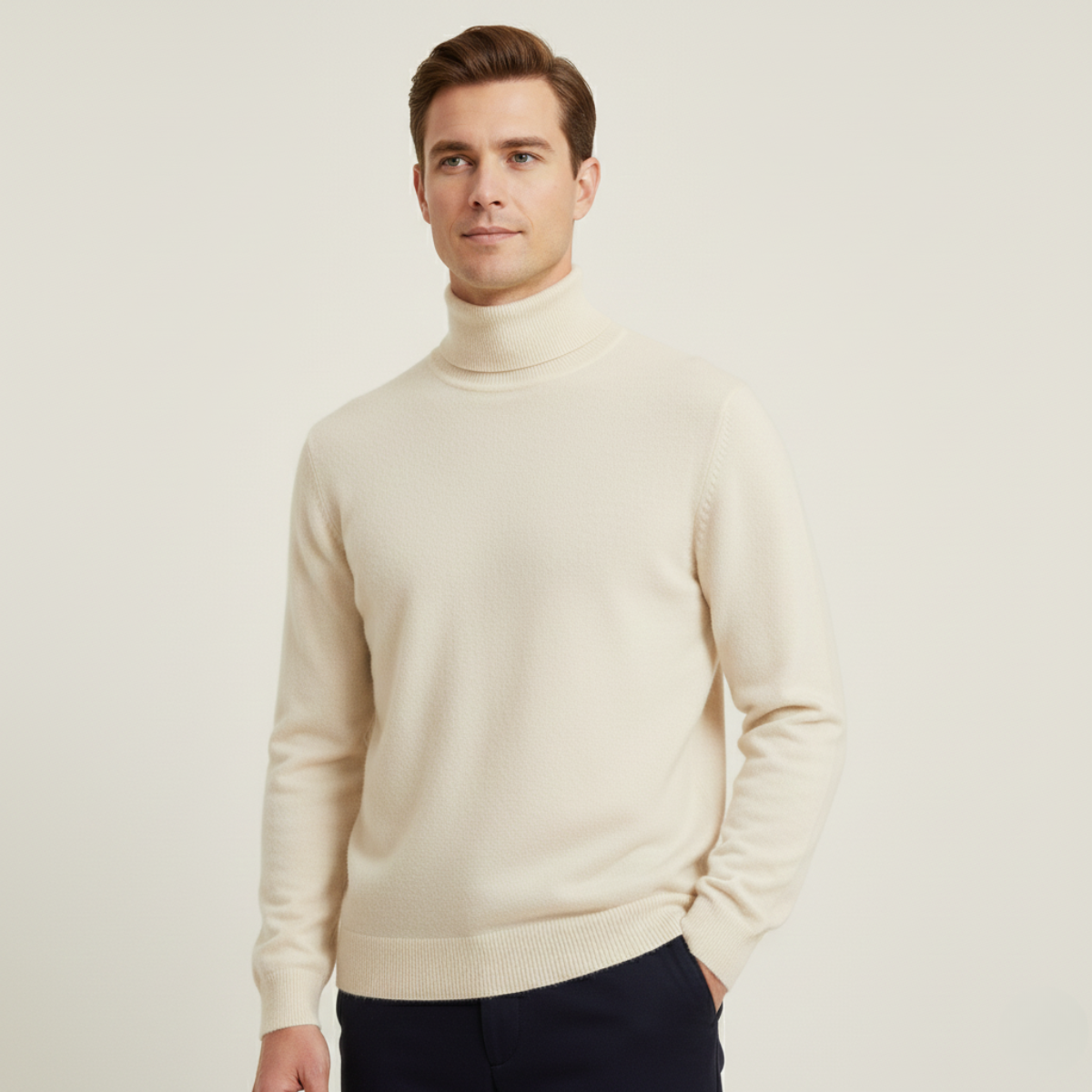 Men's beige turtleneck sweater on model, ribbed knit cuffs and hem, long sleeves