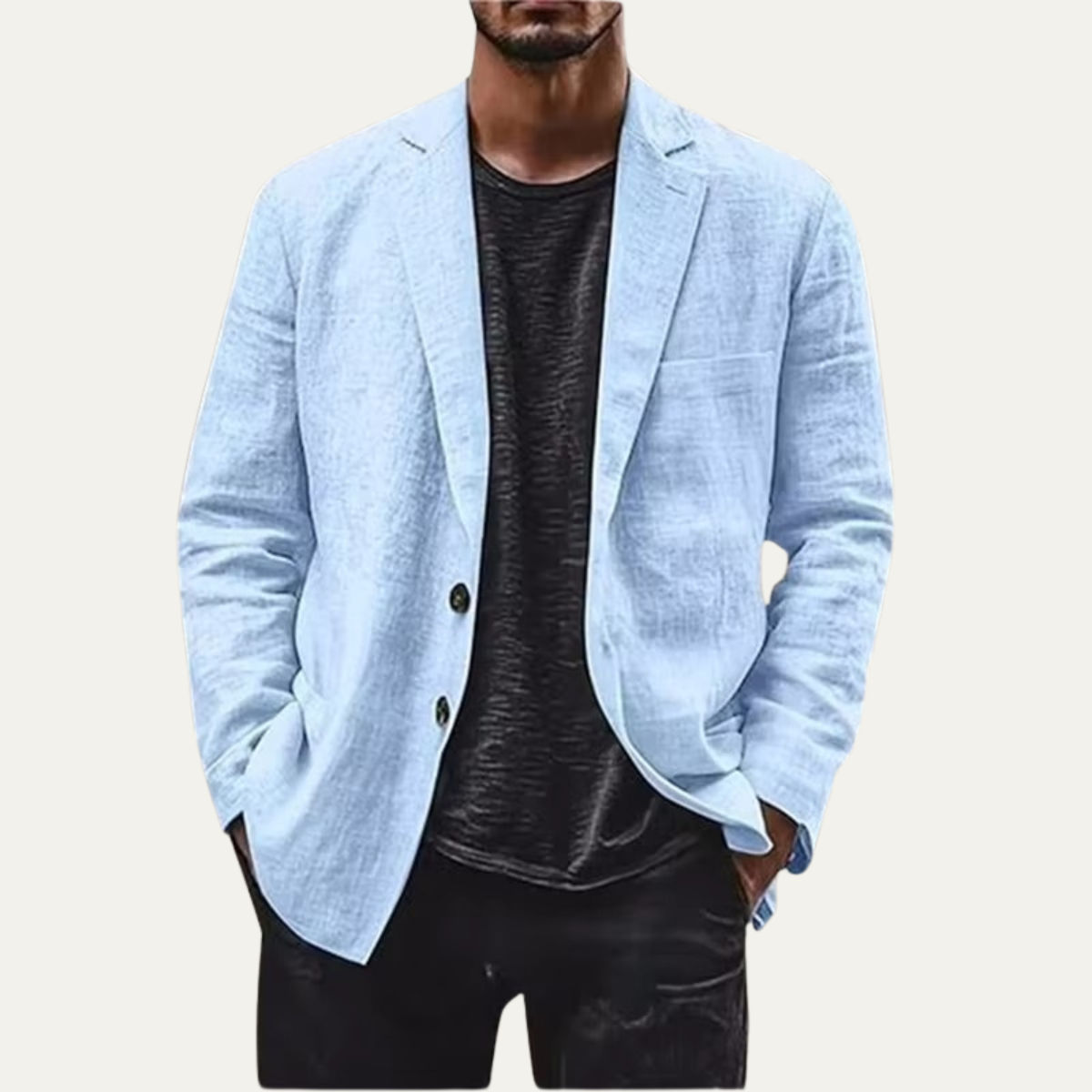 Men's light blue linen blazer with notch lapels and chest pocket, two-button front