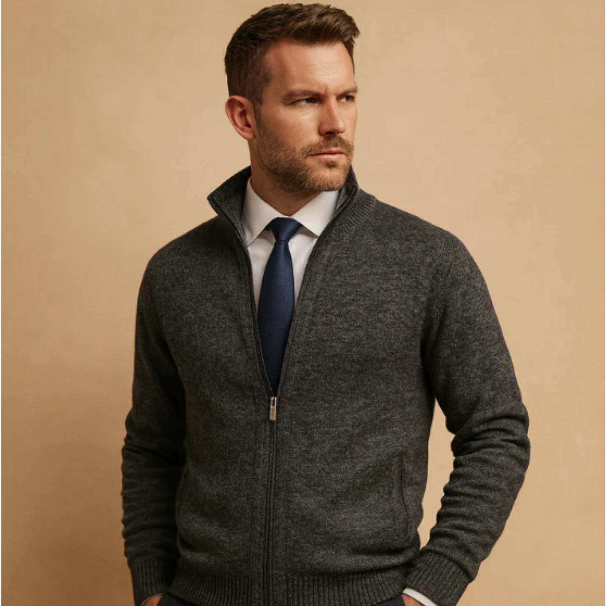 Dark gray men's knitted zip cardigan with stand collar and long sleeves
