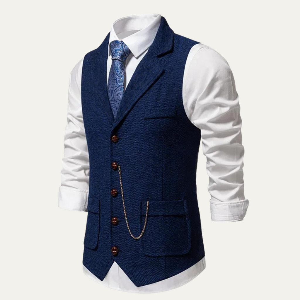 Men's navy blue tweed suit vest with notch lapels and welt pockets, button front