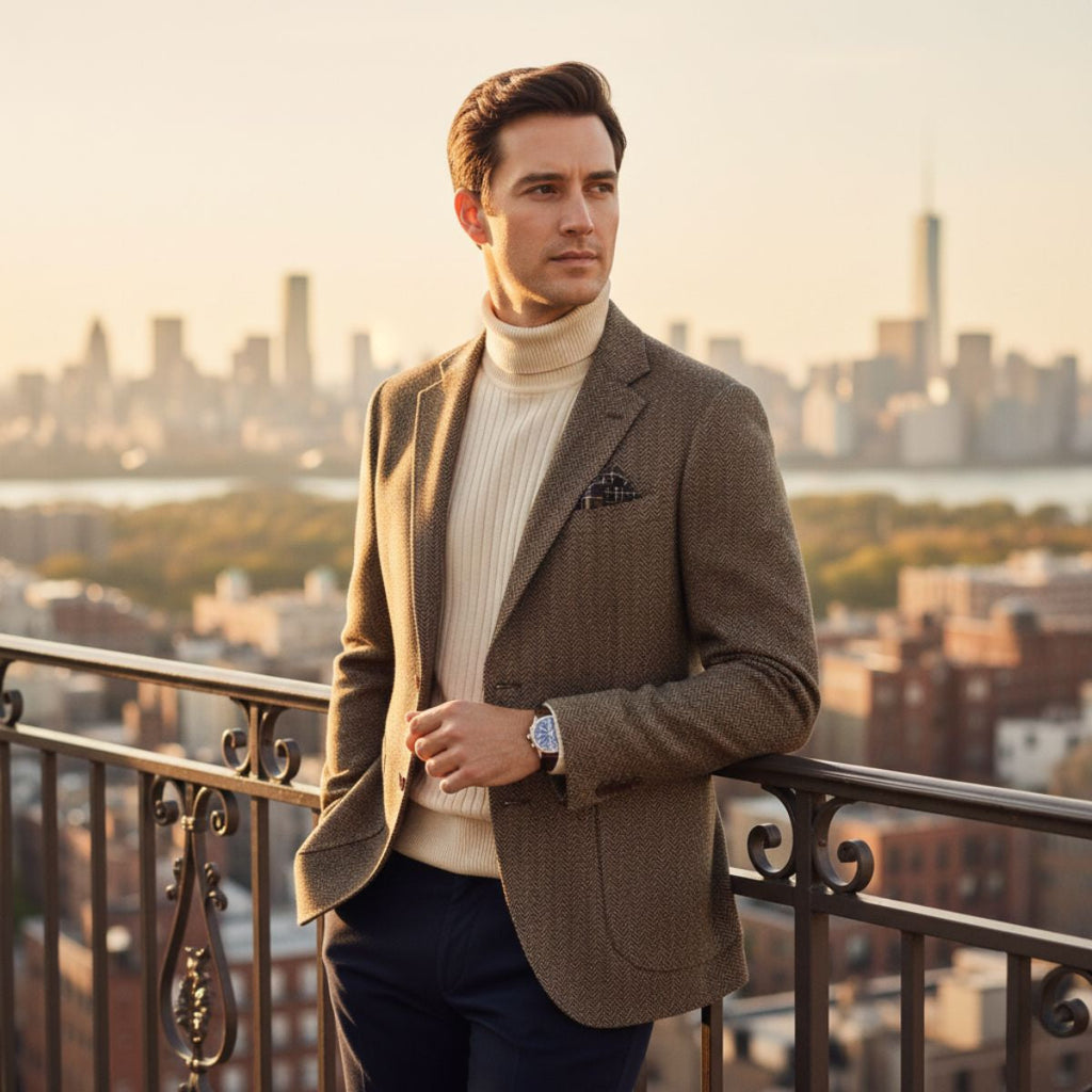 Tan men’s single-breasted herringbone wool blazer, notch lapels, flap pockets