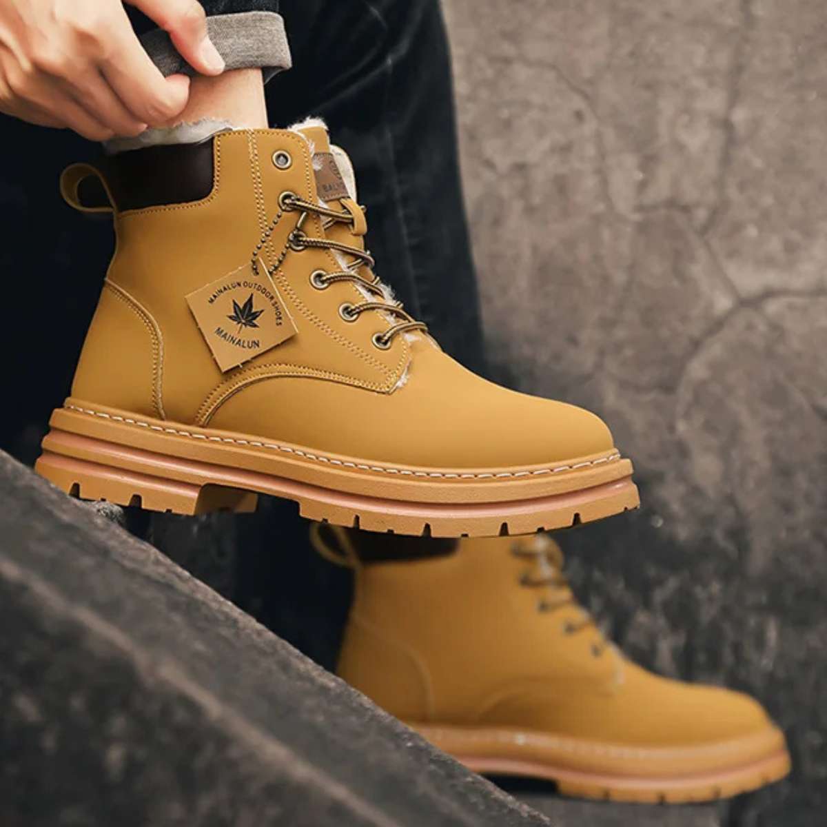 Men's tan insulated snow boots with lace-up front and padded collar, fur-lined interior