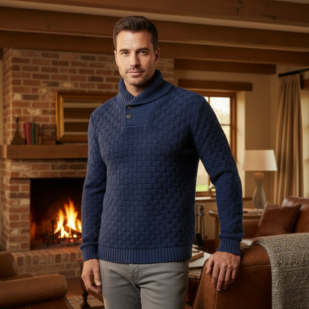 Men's blue chunky knit sweater on model, with button placket and ribbed cuffs