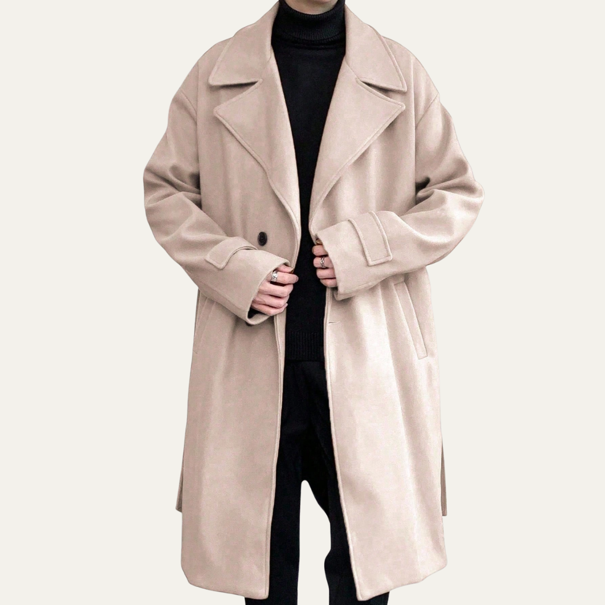 Light beige long overcoat with notched lapels, front buttons, and patch pockets
