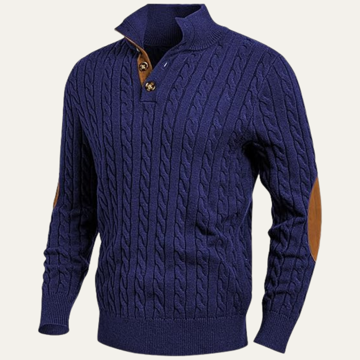 Men's navy cable-knit collar stand sweater with button placket and brown elbow patches