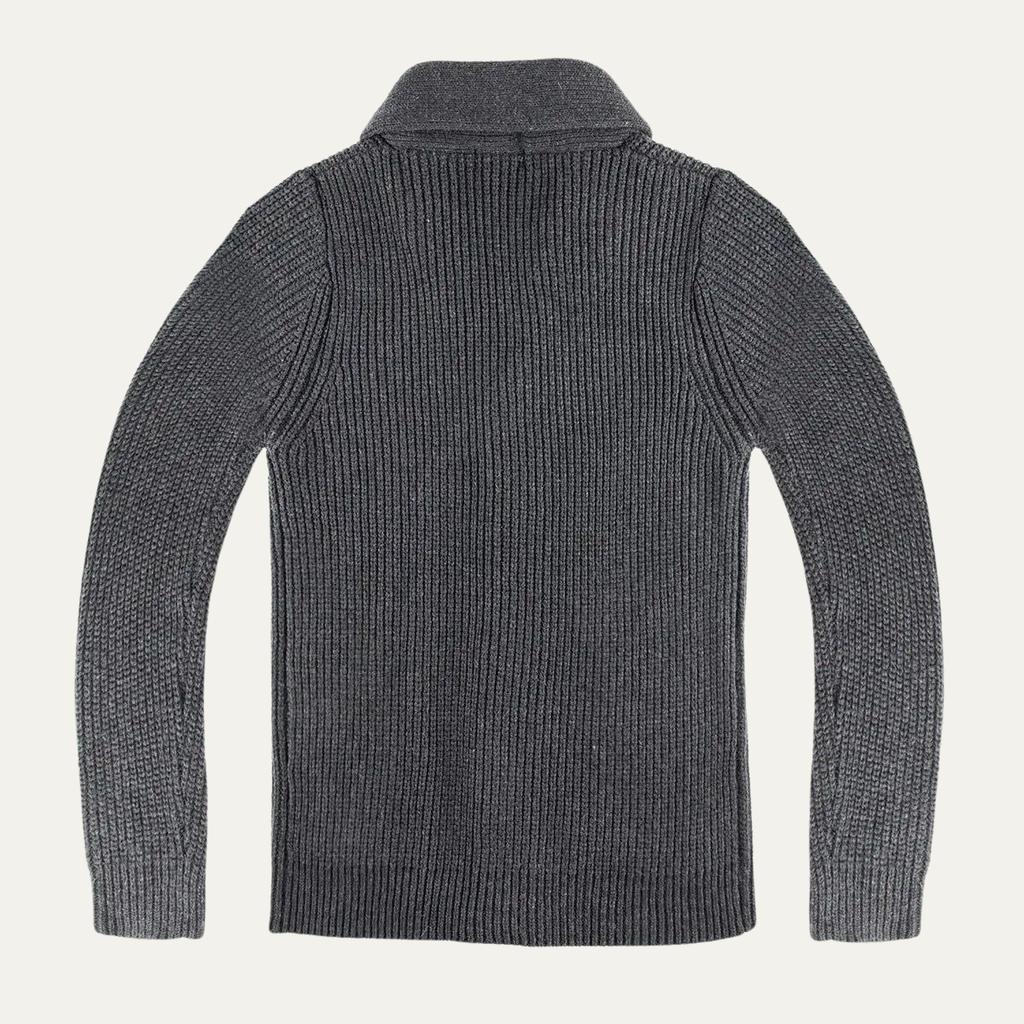 Men's dark gray chunky knit cardigan back with ribbed collar and cuffs