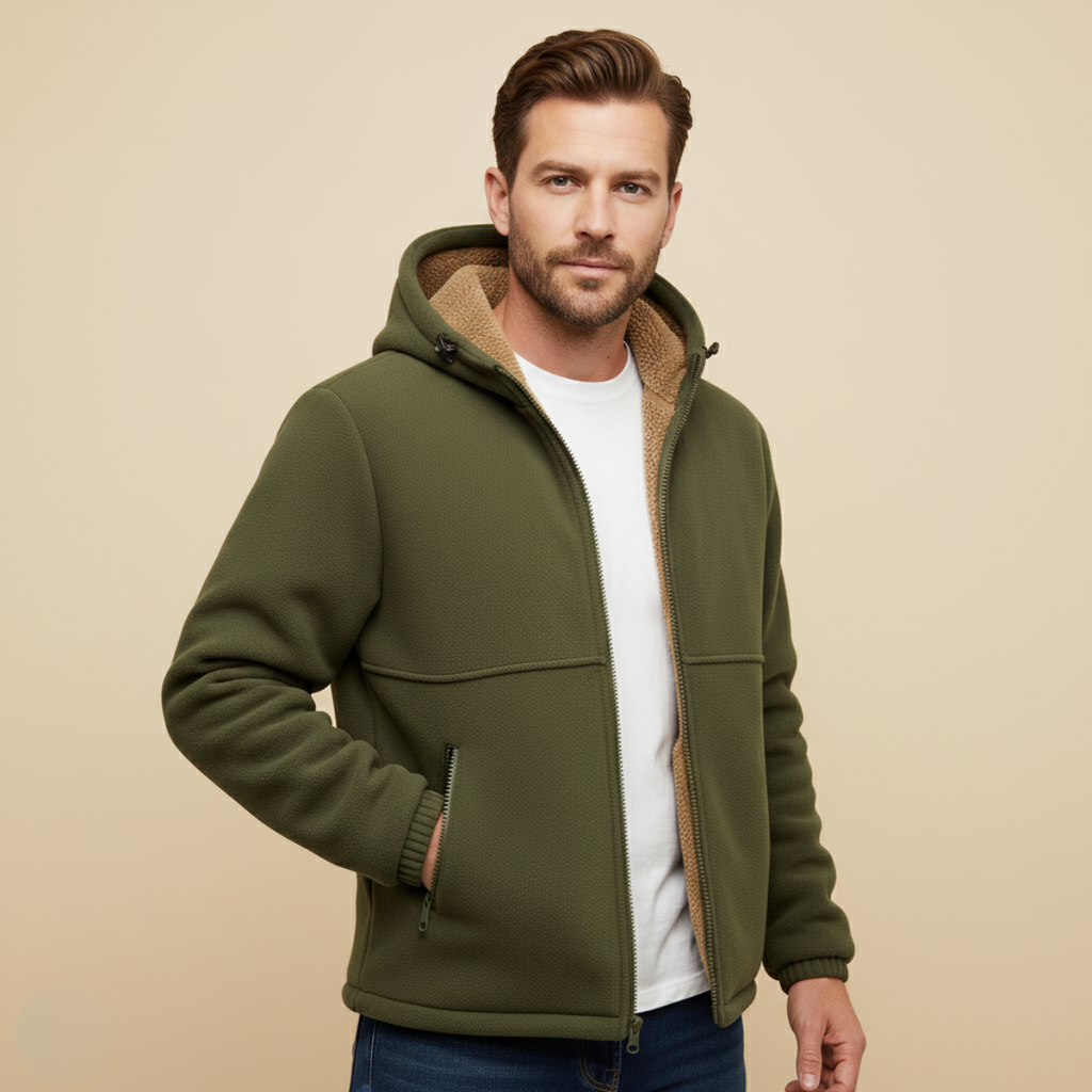 Men's fleece-lined hooded jacket, olive green; model wearing, hood and full-zip front