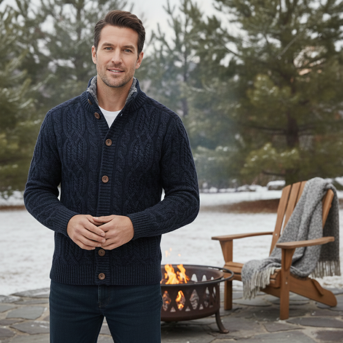 Men's fleece-lined wool cardigan, navy cable-knit, button front, gray sherpa lining at collar