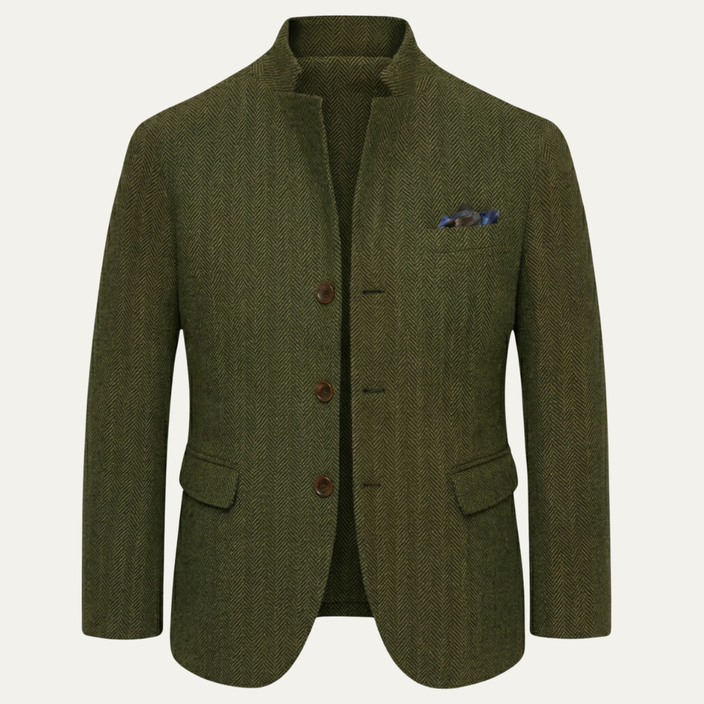 Olive green herringbone wool blazer with notch lapel, chest pocket, and two-button front.