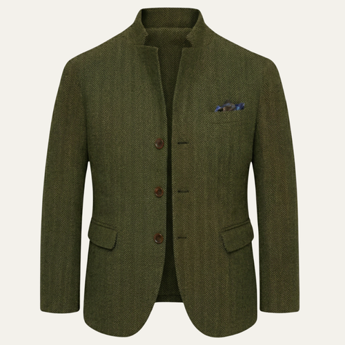 Olive green herringbone wool blazer with notch lapel, chest pocket, and two-button front.