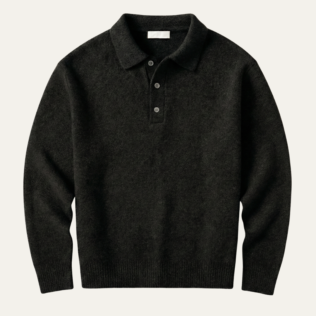 Men's soft knit polo sweater in dark gray/black with button placket and collar