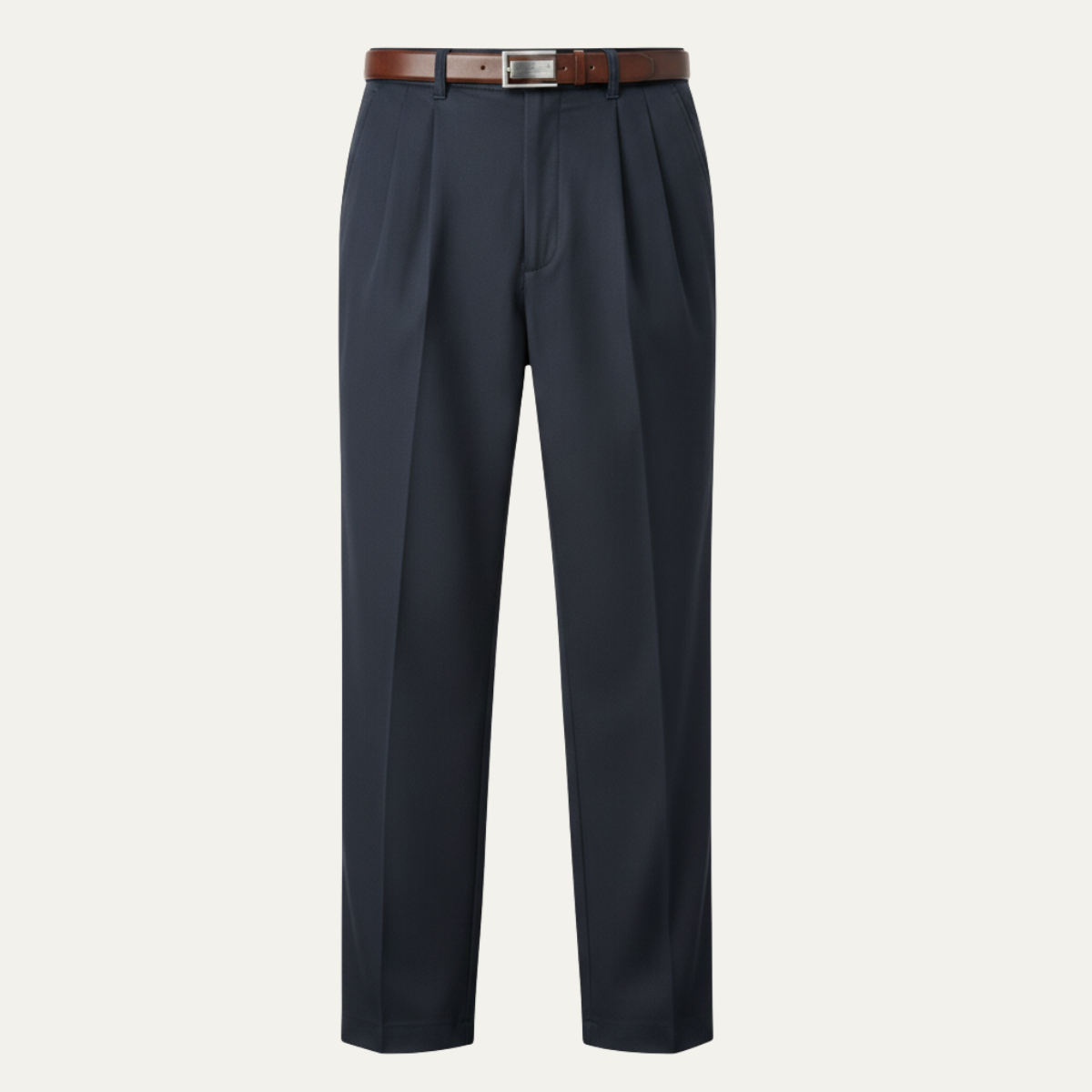 Men's double-pleated high-waist straight-leg pants in navy blue, belt loops