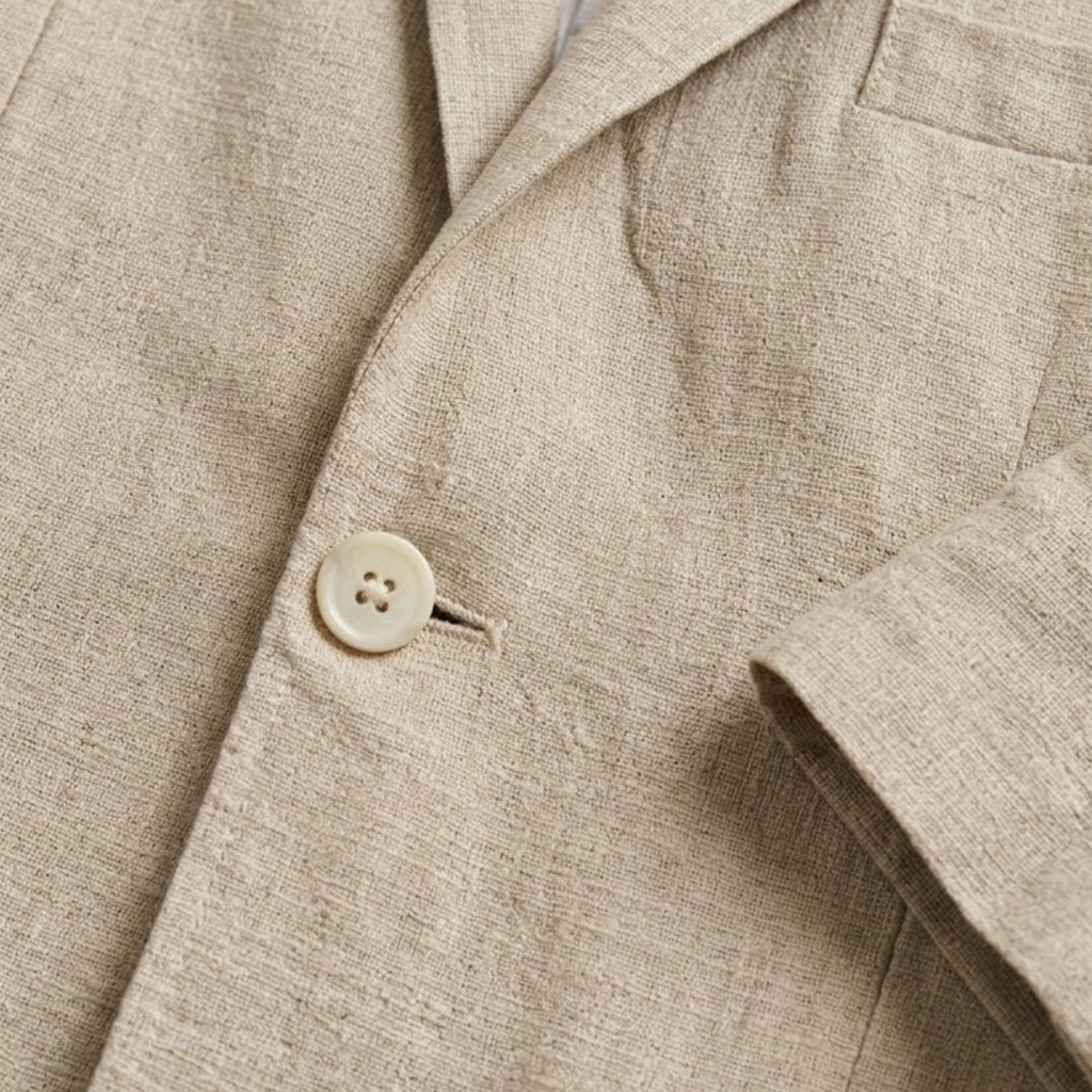 Close-up of khaki blazer fabric texture and round button on the front