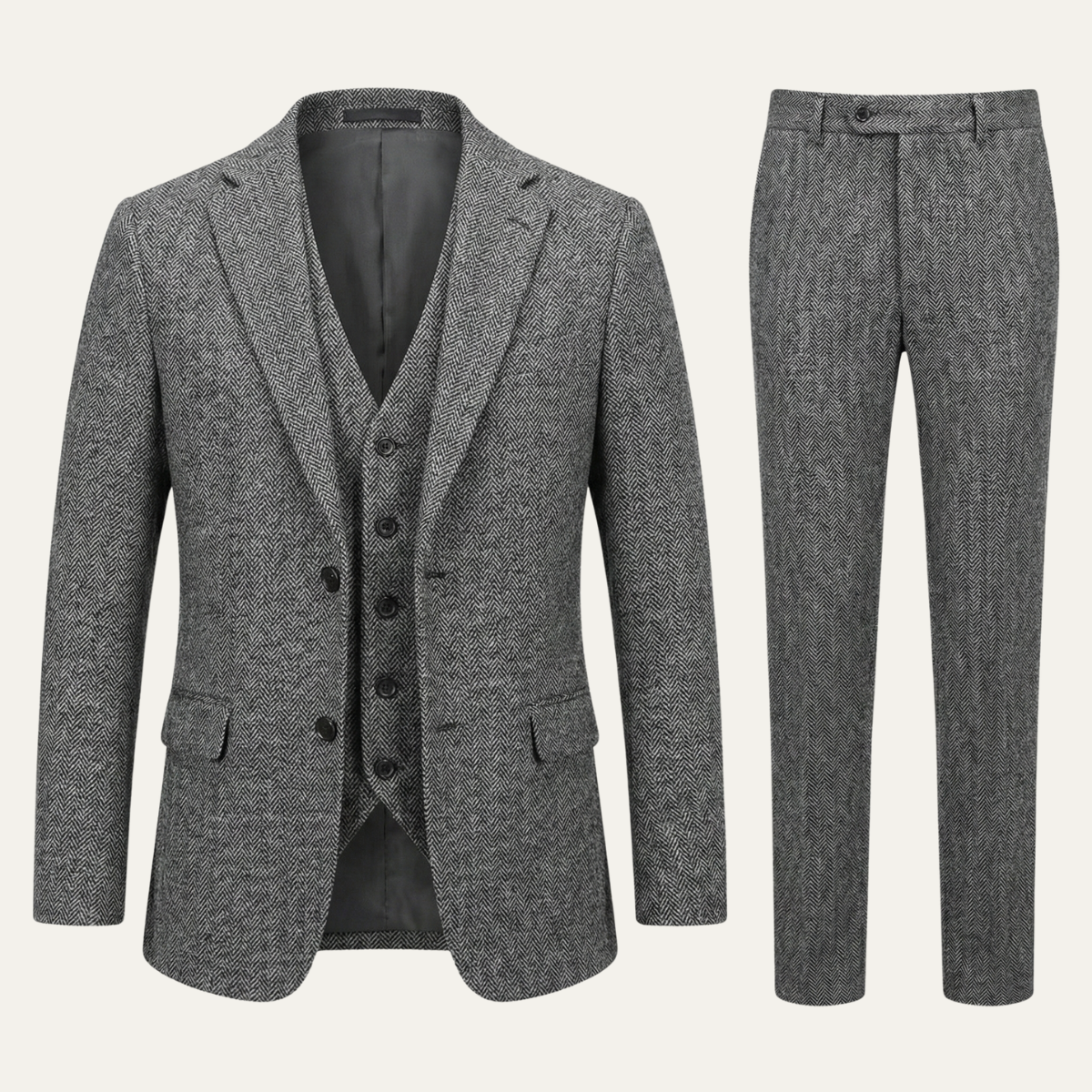 Men's tweed herringbone suit jacket and trousers, light gray, slim fit