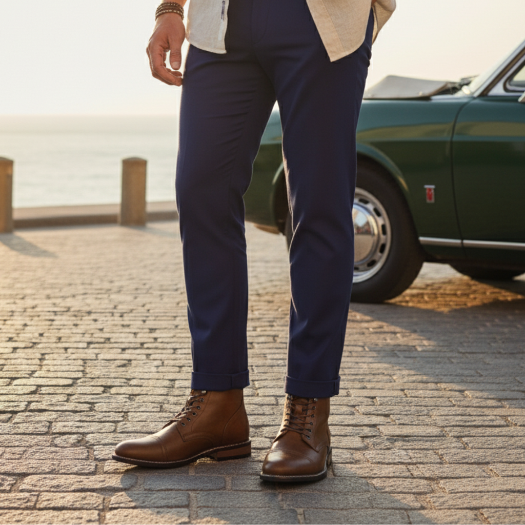 Men’s brown lace-up ankle boots with faux leather finish and stacked heel