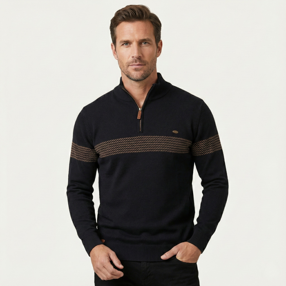 Men's black knit half-zip sweater with stand collar and horizontal patterned stripe