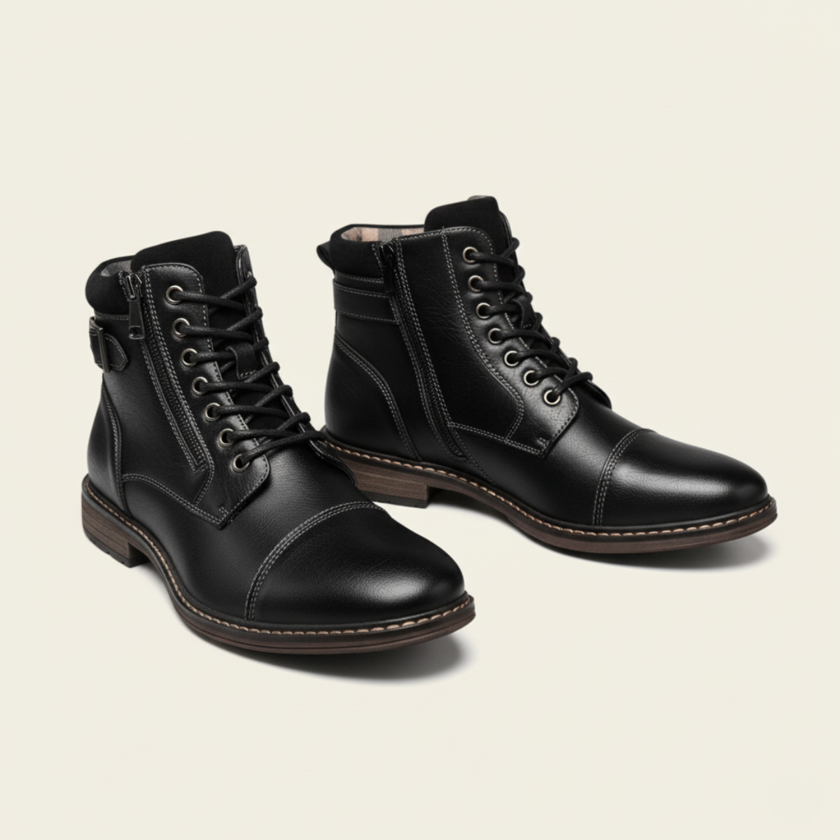 Black lace-up ankle boots with side zip and contrast stitching.